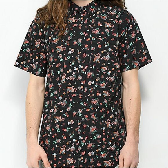 Dravus dark floral buttoned up shirt short sleeve - Picture 1 of 6